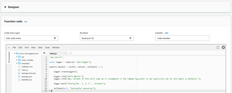 AWS Lambda console view