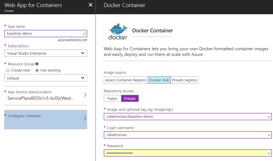 Screenshot of the Azure Portal showing the container settings for a Web App for Containers